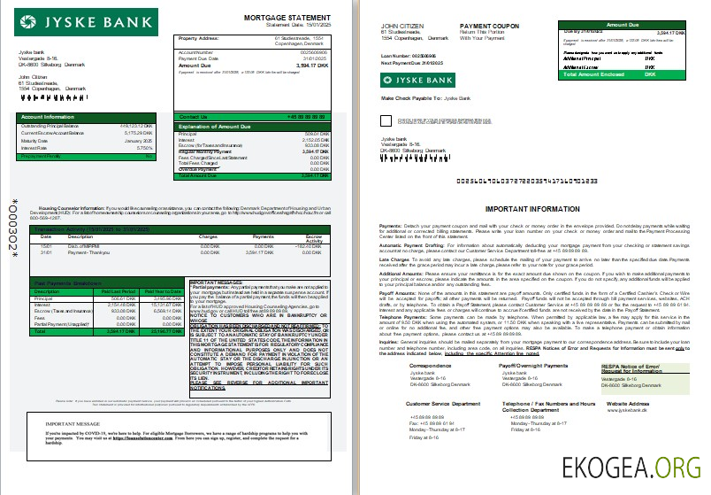 Danemark Relevé hypothécaire de la banque Jyske, 3 pages, 1, 2 scr